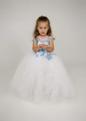 Blue Beaded Lace Tulle Flower Girl Dress